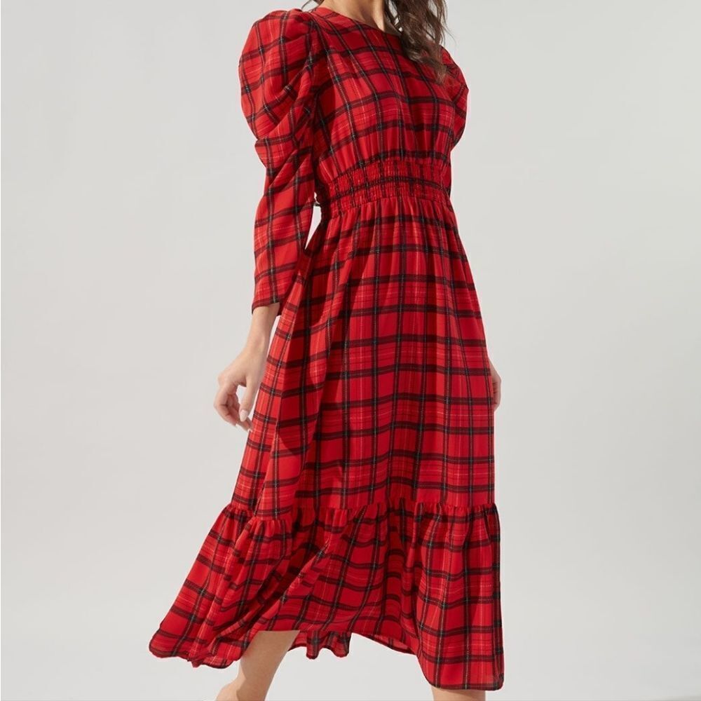 One Plaid Dress Puff Sleeve Open Tie Back sz 2